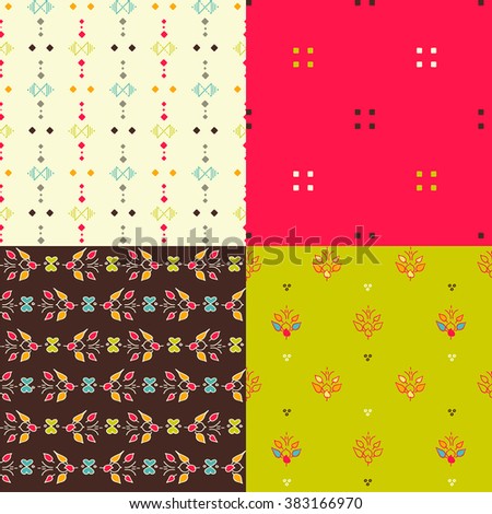 Bright collection of four geometric seamless patterns. Abstract modern wallpaper. Cloth texture or digital paper. Ornamental background for cards, web pages design, invitations. 