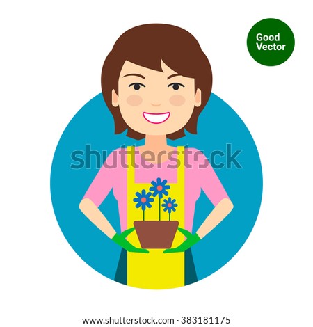 Smiling woman holding pot with flowers