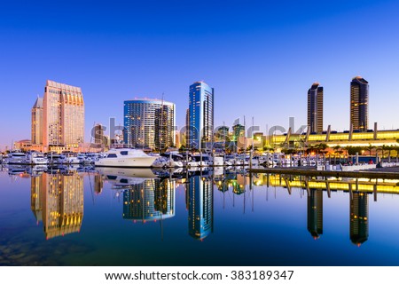 San Diego, California, USA skyline at the Embarcadero Marina. Royalty-Free Stock Photo #383189347
