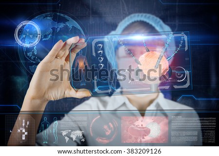 Doctor with futuristic hud screen tablet. Human brain xray. Medical concept of the future.