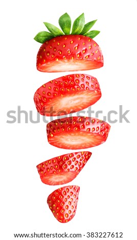 Falling sliced strawberry isolated on white Clipping Path Royalty-Free Stock Photo #383227612