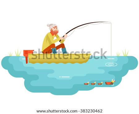 Lake fishing Adult Fisherman Fishing Rod Boat Birds Isolated Concept Character Icon Flat Design Template Vector Illustration
