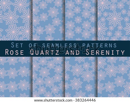 Arabic pattern. Islamic ornament. Set of seamless patterns. Rose quartz and serenity violet colors. For wallpaper, bed linen, tiles, fabrics, backgrounds. Vector illustration.