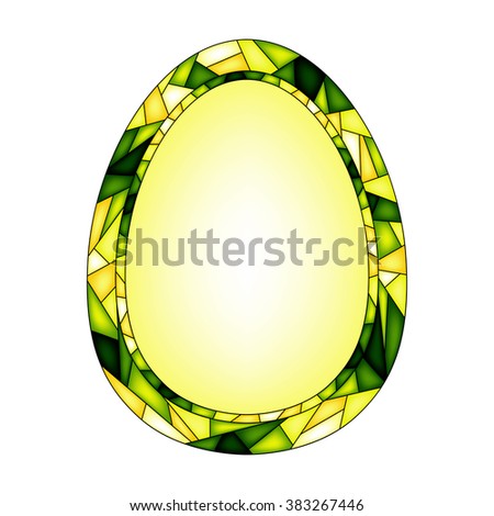 Colorful illustration background, invitation or greeting card template with Easter egg, emerald ornament and frame for the text. Stained glass mosaic style. Happy Easter. Vector design.