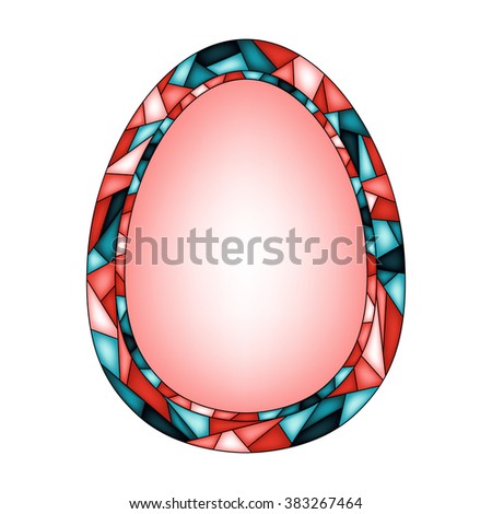 Colorful illustration background, invitation or greeting card template with Easter egg, ornament and frame for the text. Stained glass mosaic style. Happy Easter. Vector design.