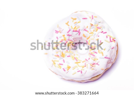 Donut. Sweet icing sugar food. Dessert colorful snack. Glazed sprinkles. Treat from delicious pastry breakfast. Bakery cake. Doughnut with frosting. Baked unhealthy round. 