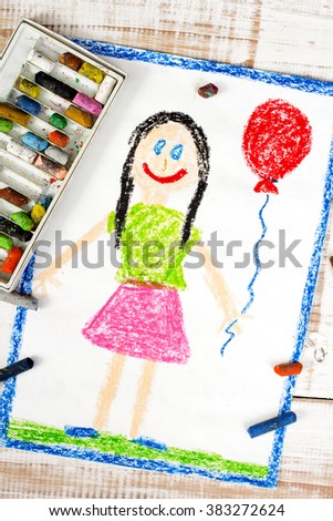 colorful drawing: happy girl with balloon