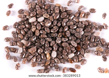 heap of natural black chia seeds vegan gluten-free organic, healthy diet vegetarian superfood with antioxidant, omega-3, protein, mineral nutrients. macro close-up shot isolated on white background.