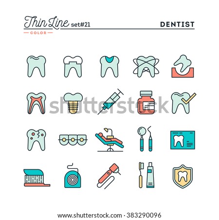 Dentist, dental care, healthy teeth, protection and more, thin line color icons set, vector illustration