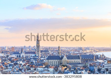 View over Antwerp with cathedral of our lady taken, Belgium Royalty-Free Stock Photo #383295808