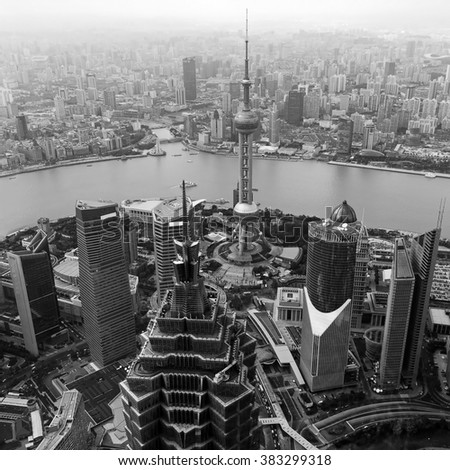 Urban skyline of Shanghai in black and white, China.