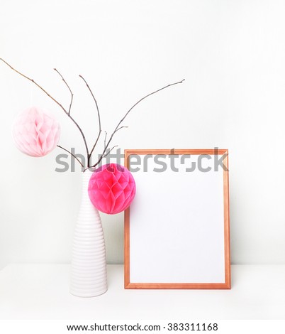 Frame photo with decoration: white vase, paper ball.
Mock up wedding sign. Frame mock up