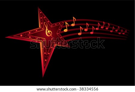 Neon star with music notes isolated on black