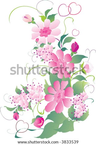 pink flower and green leaf ornament on white background