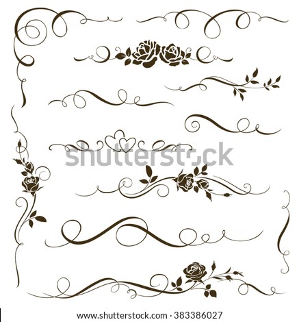 Vector set of floral calligraphic elements, dividers and rose ornaments for page decoration and frame design. Decorative silhouette for wedding cards and invitations. Vintage flowers and leaves Royalty-Free Stock Photo #383386027