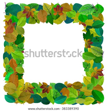 Abstract mosaic photo frame from  colored leaves. Isolated handmade photo collage