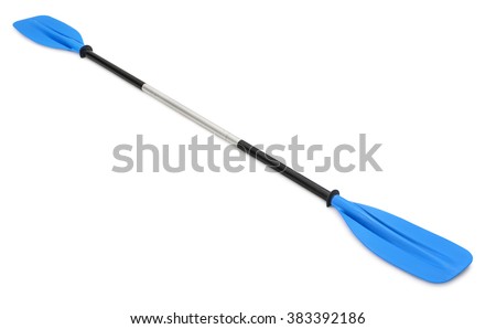Blue plastic kayak paddle isolated on white Royalty-Free Stock Photo #383392186