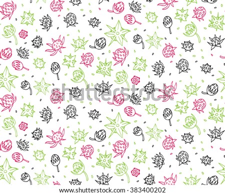 Pattern berry hand drawn seamless background pink red green black tasty food 