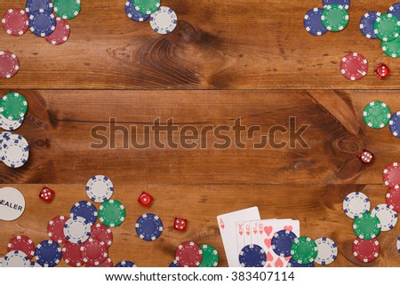Post blog social media poker. View from above with copy space. Banner template layout mockup for online casino. Wooden brown table, top view on workplace. Banner for online casinos and gambling