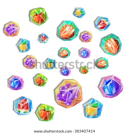 Creative Illustration and Innovative Art: Frozen Fruit Ice Cubes. Realistic Fantastic Cartoon Style Artwork Scene, Wallpaper, Story Background, Card Design 