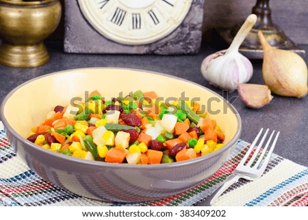 Mexican Mix of Vegetables. Tomatoes, Beans, Celery Root, Green Beans, Peas, Corn. Dietary Food
