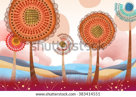 Creative Illustration and Innovative Art: Quirky Big Flower Land. Realistic Fantastic Cartoon Style Artwork Scene, Wallpaper, Story Background, Card Design 