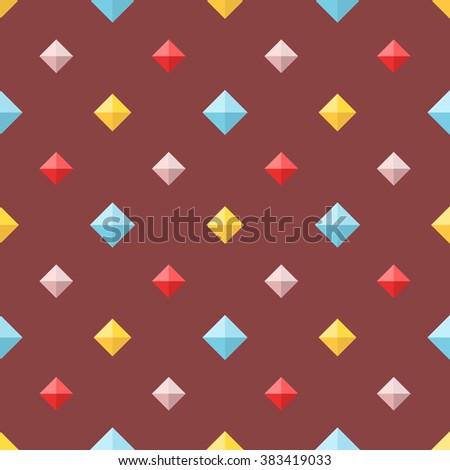 Geometric seamless pattern with colorful flat diamonds. Abstract vector background with red, blue and yellow colored cubes isolated on brown