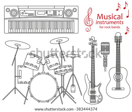 Set of line icons. Musical instruments for rock bands. Info graphic elements. Simple design. Good for coloring books. Vector illustration