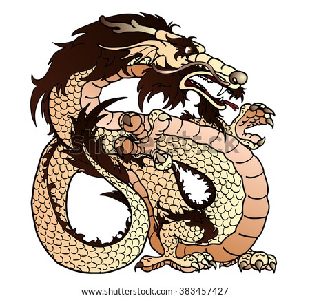 Strong beige (with brown) earth Asian dragon on white background