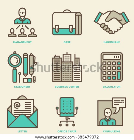 Modern Business and Office Mono Linear Vintage Icon Set. Trendy Simple Line Design Art Vector Illustrations.