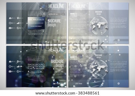Vector set of tri-fold brochure design template on both sides with world globe element. DNA molecule structure on dark blue background. Science vector background.