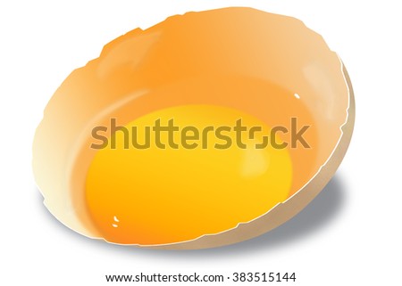 Egg yolk in broken eggshell on white background.