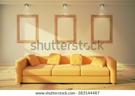 Blank wooden picture frames on the wall in modern room with yellow sofa, 3D Render, mock up