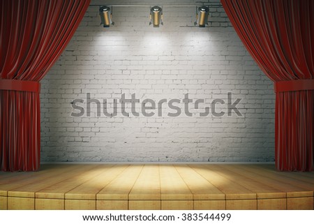 Wooden stage with red curtains and a white brick wall with spotlights, mock up, 3d render