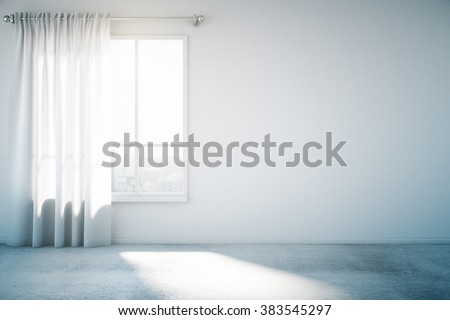 Blank white wall with window and concrete floor, mock up, 3d render Royalty-Free Stock Photo #383545297