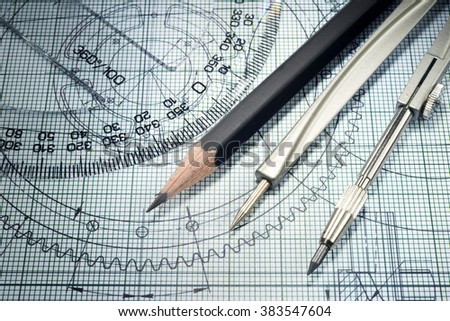 drawing, protractor, pencil and compasses
