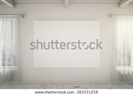 Blank picture frame on the white wall in a loft interior with windows, mock up, 3d render