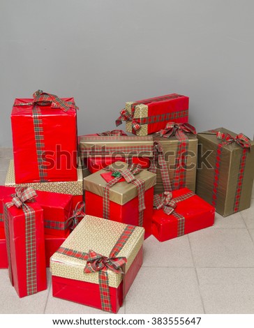 The bright boxes with gifts.