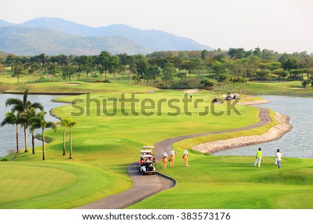view landscape of golf course at Thailand Royalty-Free Stock Photo #383573176