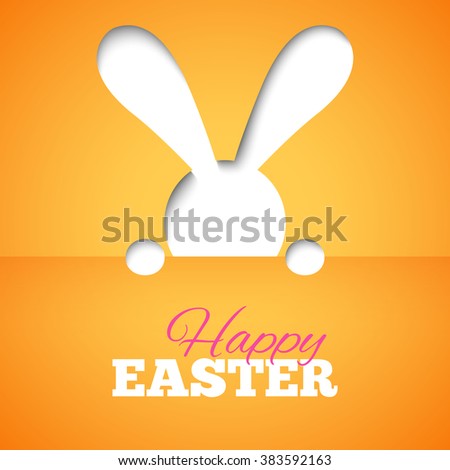 Happy easter card with hiding bunny and font on orange paper background. Vector illustration for bright funny holiday design. Greeting card with cut out white rabbit.
