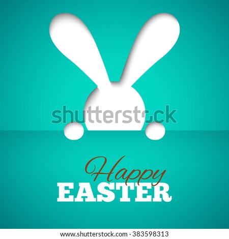 Happy easter card with hiding bunny and font on blue paper background. Vector illustration for bright funny holiday design. Greeting card with cut out white rabbit.