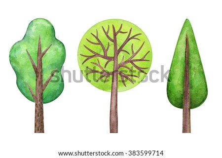 abstract forest trees, isolated elements, watercolor illustration, hand painted clip art set
