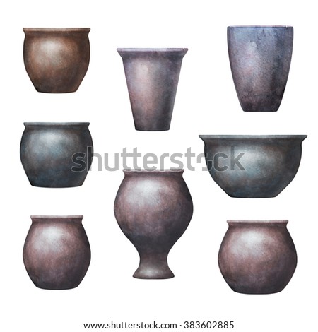 watercolor flowerpot set, isolated design elements, gardening clip art