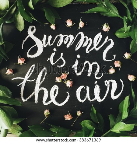 quote "Summer is in the air" written in calligraphy style on black chalkboard with pink roses and green leaves. Flat lay. Overhead view
