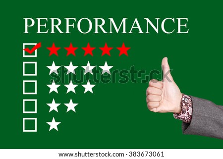 Performance - Five Stars Rating with thumb up. Green Background