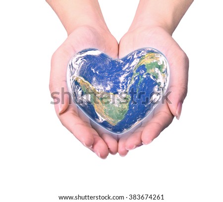 Blue planet in heart shape over woman human hands isolated on white background: World heart day idea symbolic concept campaign to promote health awareness: Elements of this image furnished by NASA