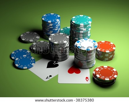 poker chips with two aces on green casino table