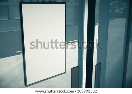 Blank white signboard on glassy wall of building, mock up, 3D render