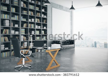 Blank poster in loft private office with book case, leather sofa, glassy table and big window, mock up, 3D render Royalty-Free Stock Photo #383791612