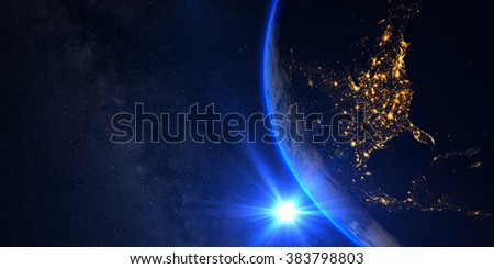 Planet Earth with a spectacular sunset, view on USA and Canada, with milkyway in background. Elements of this image furnished by NASA Royalty-Free Stock Photo #383798803